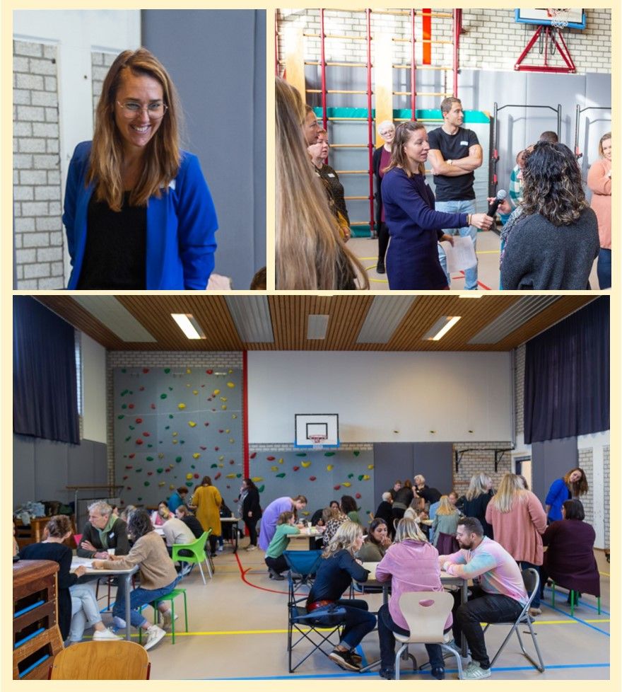 collage van verschillende fotos van onderwijsteams in training in een gymzaal